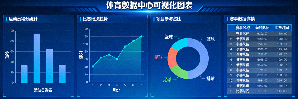 数据中心可视化图表展示：各种体育数据的统计图和表格